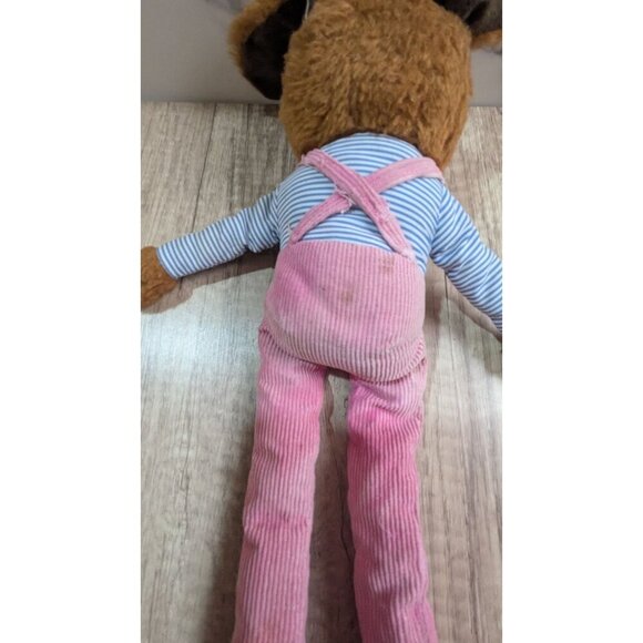 Vintage knee hugger Stuffed Dog Toy Pink Corduroy Overalls & Striped Shirt 15" - Picture 7 of 7